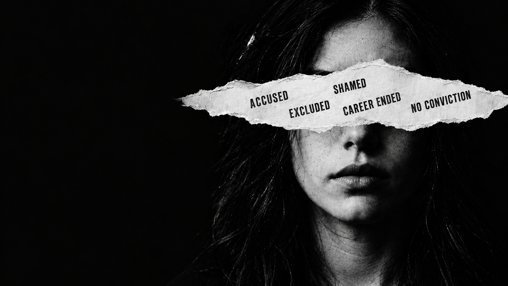 Person with torn paper across their eyes reading: Accused, Shamed, Excluded, Career Ended, No Conviction