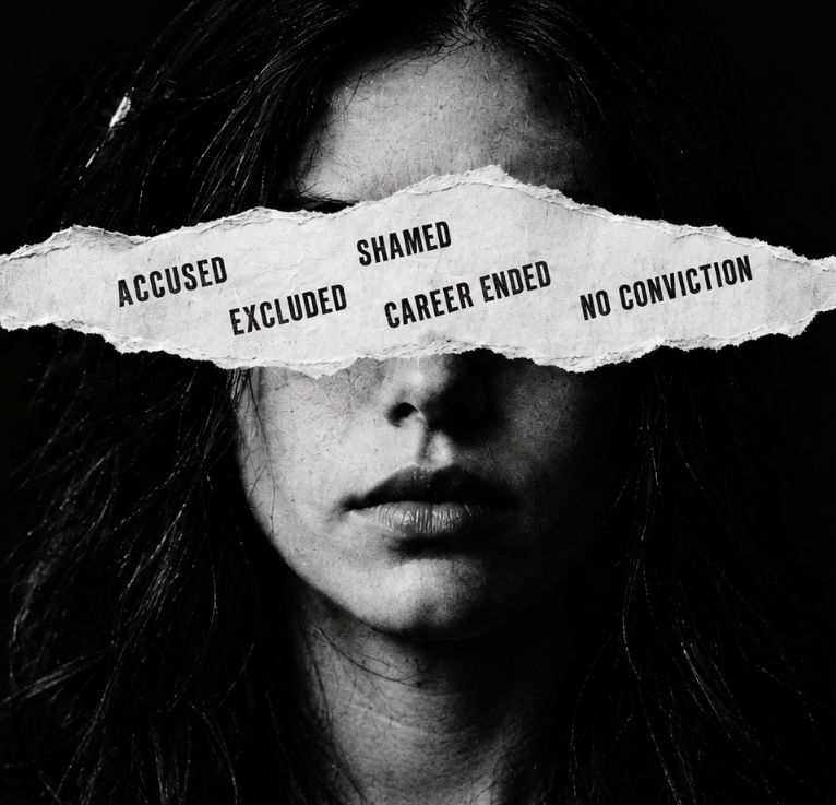 Person with torn paper across their eyes reading: Accused, Shamed, Excluded, Career Ended, No Conviction